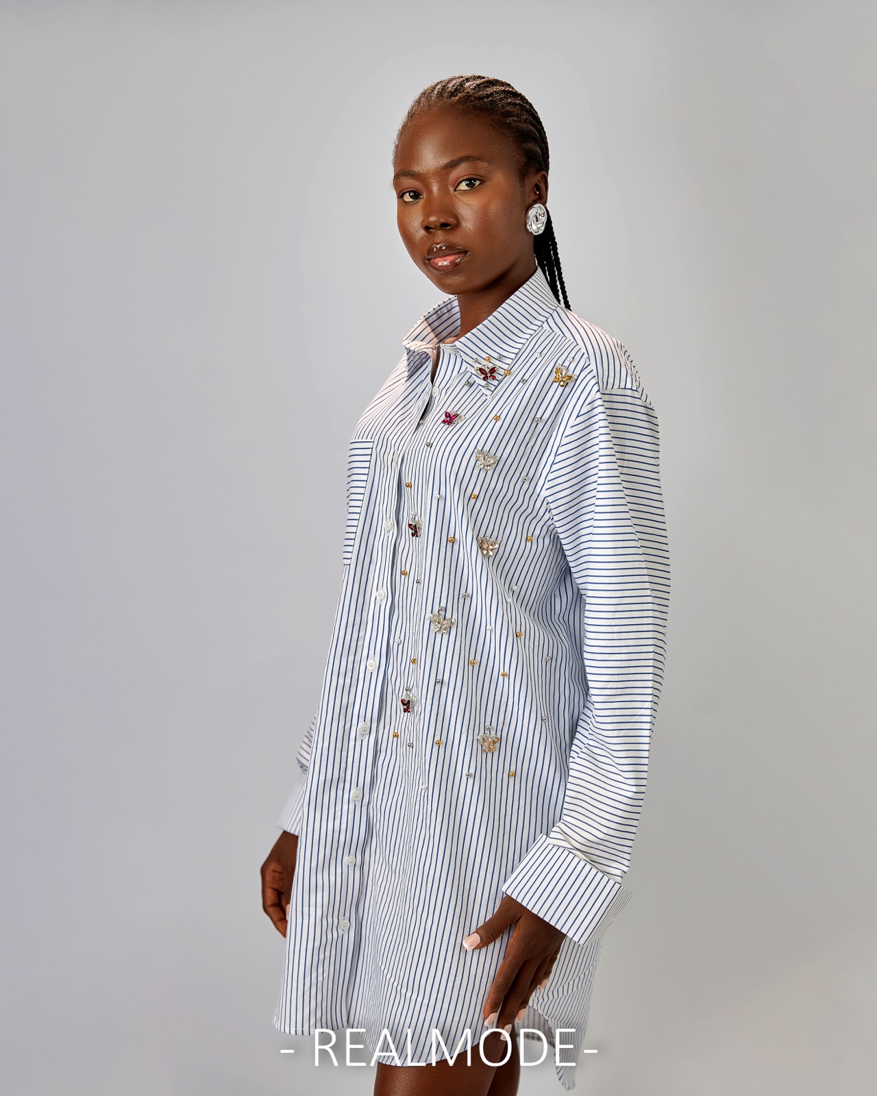 Blue pinstripe shirt dress with crystal butterfly embellishment
